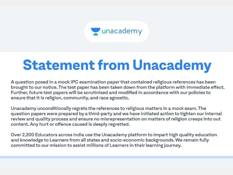 Unacademy targeted for question with religious reference