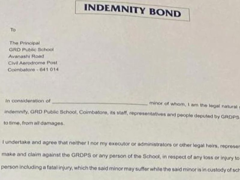 Coimbatore school ask parents to sign indemnity bond