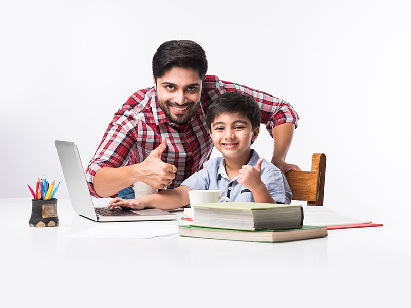 Indian,Kid,Studying,Online,,Attending,School,Via,E-learning,With,Father
