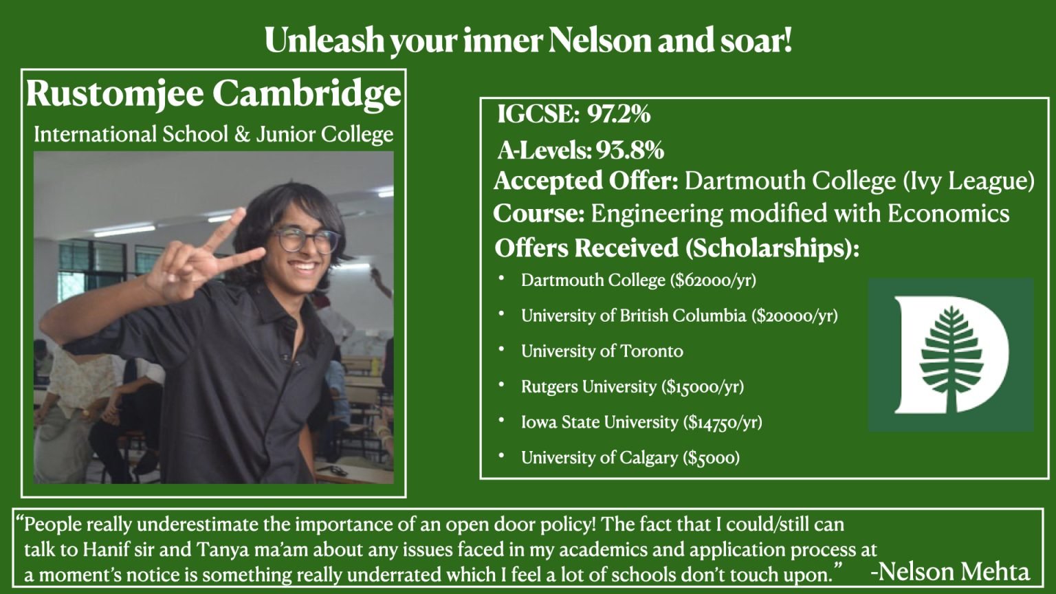 Rustomjee Cambridge student Nelson Mehta shines at Dartmouth College