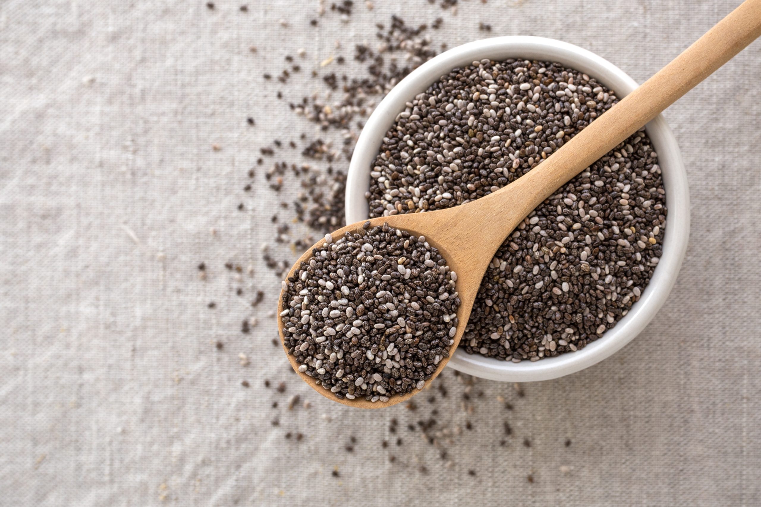 Chia,Seeds,In,Wooden,Spoon,And,Bowl,From,Top,View