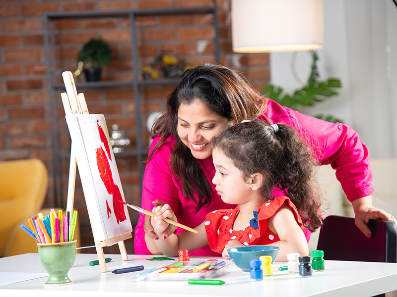 creative hobbies of childrenghter,Painting,On,Easel,Together,At